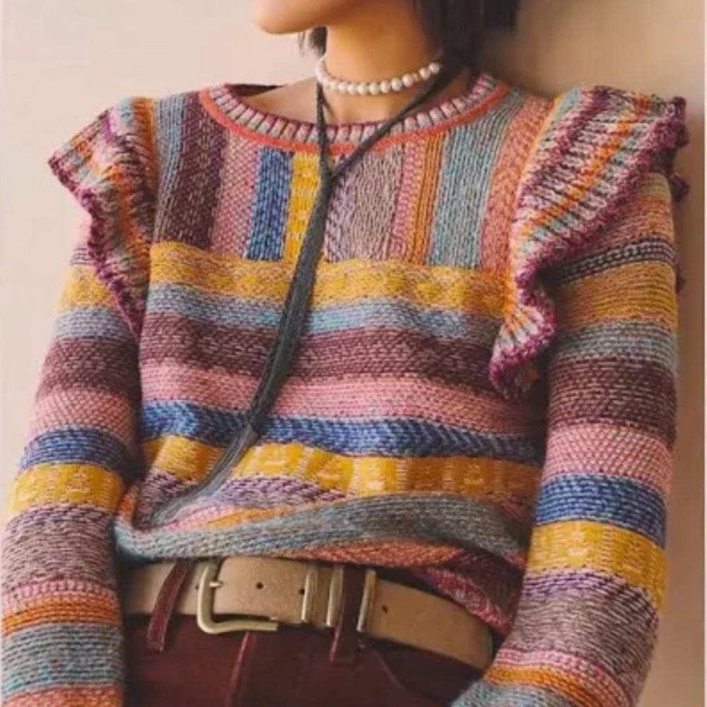 Anthropologie Pilcro Ruffled Candy Striped Sweater Size: L